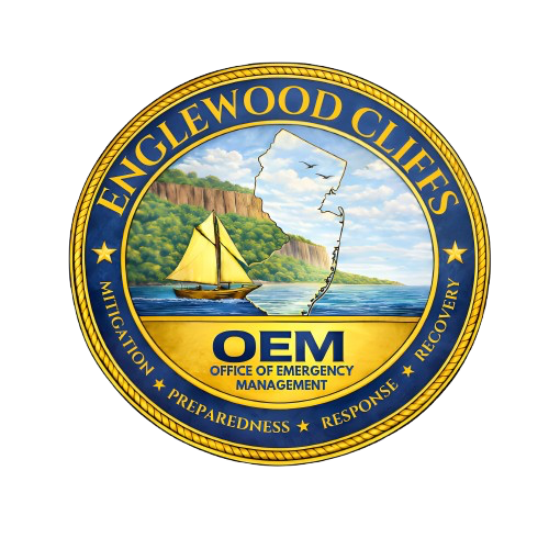 OEM Logo - Blue and Gold Seal with colorful image of the cliffs of Englewood Cliffs in the center, layered underneath a transparent image of the state of New Jersey. 